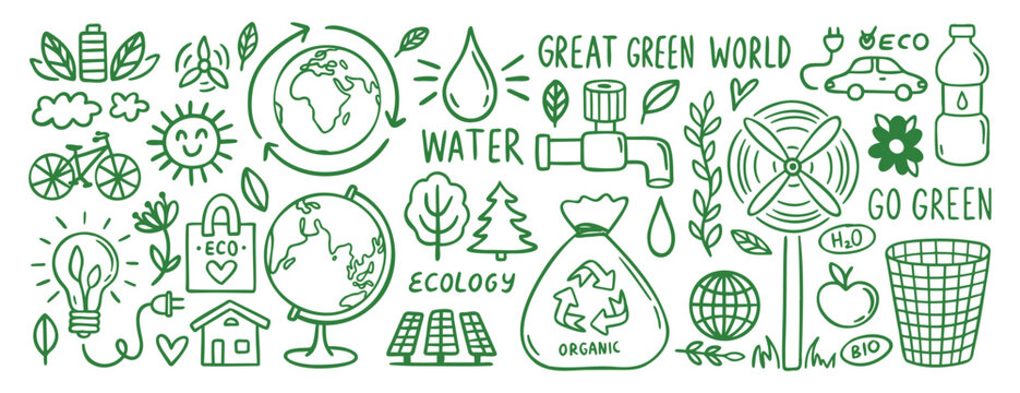 recycle eco friendly and green world concept doodle hand drawn icon set. Outline drawing recycle eco friendly line clipart symbol collection