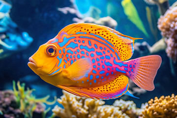 Colorful mandarin fish swimming in coral reef aquarium