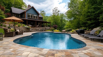 A spacious, contemporary swimming pool with elegant architecture and landscape.