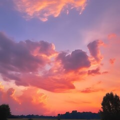 Fototapeta premium Vibrant Sunset Cloudscape Over Silhouetted Trees