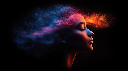 A vibrant color explosion forming a profile of an embracing figure, symbolizing creativity on a black background