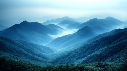 Fototapeta premium Misty Blue Mountains: A Serene Landscape Panorama