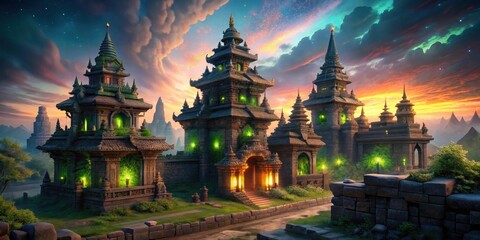 Ancient stone structures illuminated at dusk, nestled within a serene landscape, exhibiting intricate architectural details and glowing ethereal lights