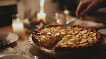 A traditional apple pie being sliced on a festive table.