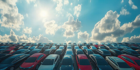 Lot of Used Cars for Sale in Stock with Sky and Clouds for Automotive Industry