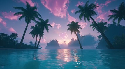A tropical beach scene with a colorful sky, serene waters, and tall palm trees.