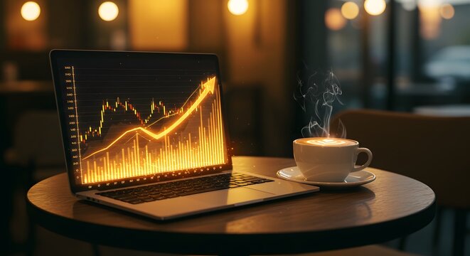 Modern laptop with a glowing financial graph displayed on the screen, paired with a steaming cup of coffee in a warm café environment