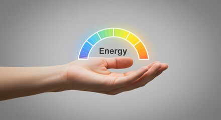 Fototapeta premium Energy performance gauge with colorful spectrum emphasizing sustainability, capacity optimization, futuristic analytics, and clean energy design held in modern human hand