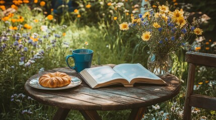 Fototapeta premium A wooden table with an open book, glasses, and a coffee mug on it, set in a garden surrounded by wildflowers. A croissant on a plate and flowers in a vase complete the scene.