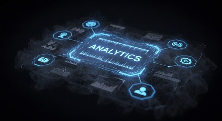 Data analytics interface in glowing blue holographic style with visualized data points and interconnected nodes representing digital insights and advanced decision-making solution