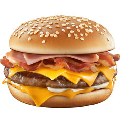 A burger with ham, cheese, and bacon on top of it. Transparent background PNG