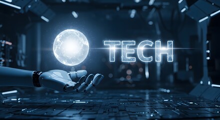 Obraz premium Tech innovation highlighted by robotic hand holding a glowing futuristic globe in advanced technology environment for digital transformation and innovation