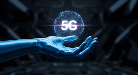 Fifth generation technology highlighted by glowing futuristic 5G globe held in robotic hand for advanced wireless connectivity