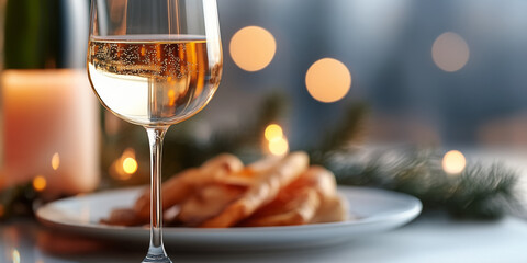 Naklejka premium A glass of sparkling wine with festive bokeh lighting creates a cozy, elegant atmosphere.