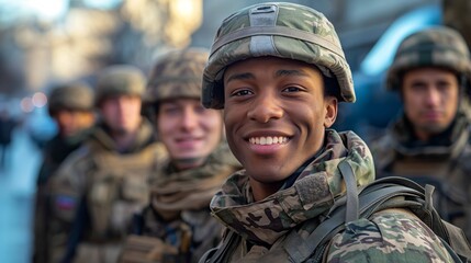 Fototapeta premium Soldiers in uniform, smiling, showcasing camaraderie and pride.