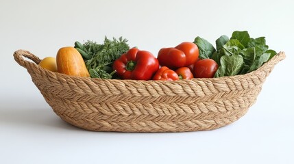 A woven market basket with a braided pattern, holding a collection of fresh market produce.
