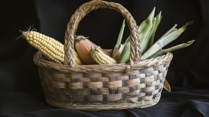 Obraz premium A woven market basket with a braided pattern, holding a collection of fresh market produce.