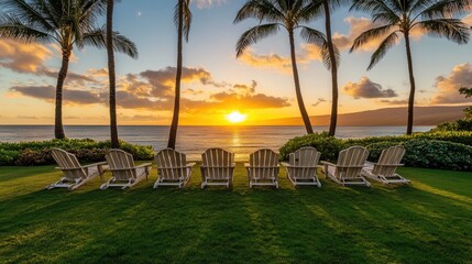 Obraz premium Beach chairs under palm trees facing the sea as the sun sets in the background.