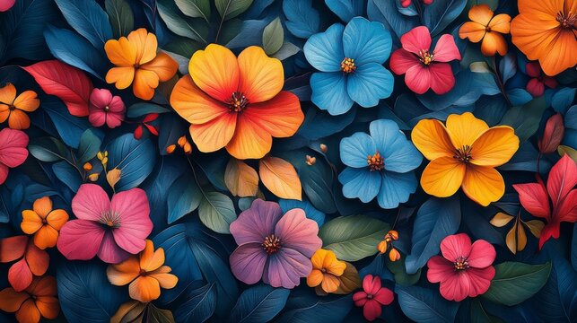 A vibrant floral tapestry, featuring an array of colorful blossoms set against a backdrop of dark green leaves offering a captivating, lush botanical experience