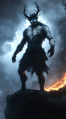 humanoid demon with glowing eyes and intricate tattoos