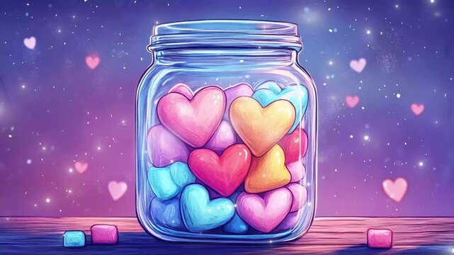 A jar filled with vibrant heart-shaped marshmallows radiates joy and nostalgia. glitch stream overlay seamless loop Vtuber streamer asset twitch zoom OBS screen animated wallpaper virtual background