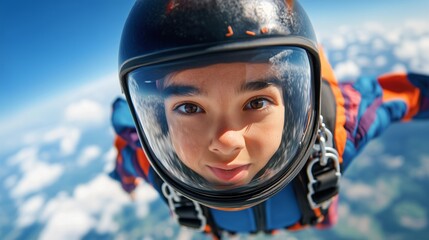 A young skydiver with a helmet enjoys freefalling through the sky, surrounded by vibrant colors and fluffy clouds, radiating joy.