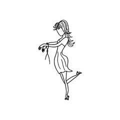 Cartoon doodle line drawing of a fashionable woman character posing.