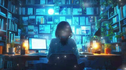 Lofi girl studies in a cozy room illuminated by soft blue light at night glitch stream overlay seamless loop Vtuber streamer asset twitch zoom OBS screen animated wallpaper virtual background - Powered by Adobe