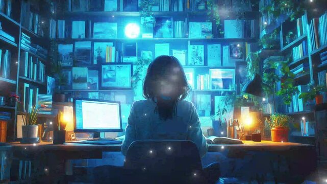 Lofi girl studies in a cozy room illuminated by soft blue light at night glitch stream overlay seamless loop Vtuber streamer asset twitch zoom OBS screen animated wallpaper virtual background
