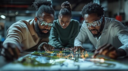 Diverse team of professionals collaborating on a strategy plan with 3D holographic projections,