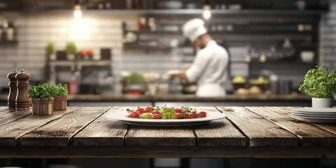 Wood Tabletop with Chef Cooking in Restaurant Kitchen for Culinary Branding