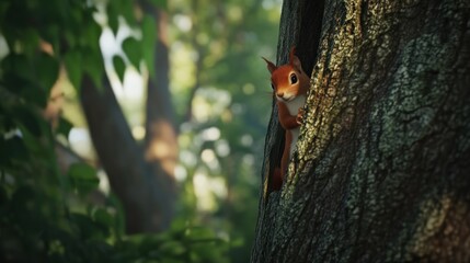 Adorable Red Squirrel Peeking from Tree Hollow in Lush Forest