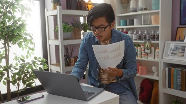Young chinese man analyzing documents at home decor store with laptop amid indoor decoration