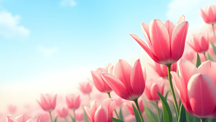 Obraz premium Bright spring flowers banner featuring a bunch of pink tulips against a clear blue sky background