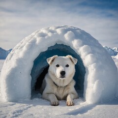 A curious Arctic dog peeking out of a small igloo, white background.

