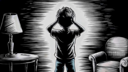Boy Silhouette in Room with Hands Over Head, Visual Metaphor of Stress with Boy Silhouette, Dark Room Silhouette of Boy Holding Head