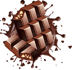 chocolate Pieces flying with chocolate liquid and swirl shape isolated on white background Gradient Mesh