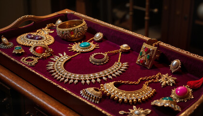  Ornate jewelry set displayed on velvet tray.