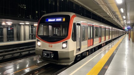Modern Subway Train at Night Station