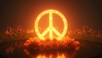  Illuminated peace symbol surrounded by flowers.

