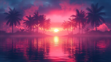 A vibrant neon-themed scene with palm trees reflected on water, lit up by a retro wave light show in red and blue