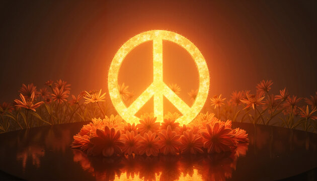  Illuminated peace symbol surrounded by flowers.

