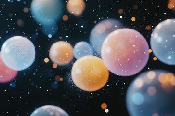 Fototapeta premium A deep black background with glowing bokeh circles in golden, white, and soft pastel colors, creating a calm and dreamy atmosphere