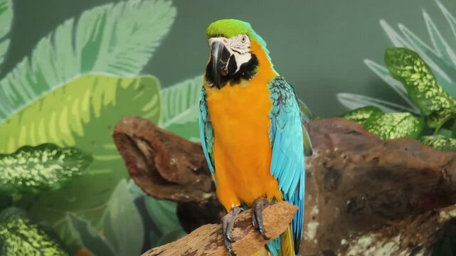 A stunning and vibrant macaw parrot set against a tropics 