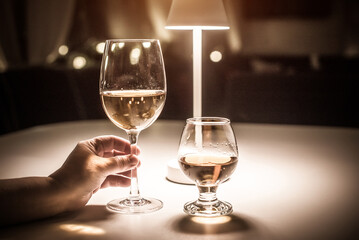 The girl holds a glass of white wine in her hand
