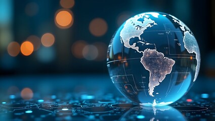 Glass globe, world map, North America, transparent sphere, books, digital circuitry, futuristic, high-tech, global connectivity, education concept.