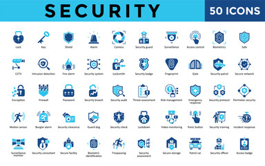 Security icons set with lock, key, shield, alarm, camera, security guard, surveillance, access control, biometrics, safe icon. Simple flat vector 
