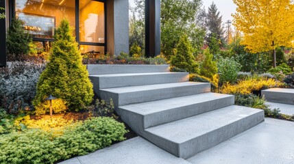Fototapeta premium Closeup of Concrete Stairs in Beautifully Landscaped Backyard Garden Planted with Various Shrubs and Bushed and Decorated with Outdoor Garden Lights.