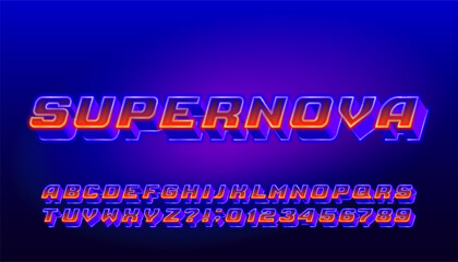 Naklejka premium Supernova alphabet font. Bright neon 3d letters and numbers. Stock vector typeface for your design.