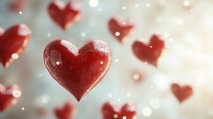 Obraz premium A dreamy background with multiple red heart icons drifting in the air, set against a soft white or pastel-colored backdrop